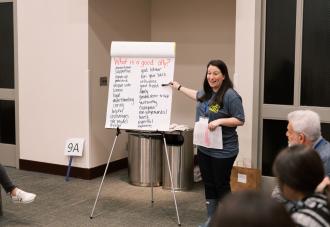 Speaker in front of white board